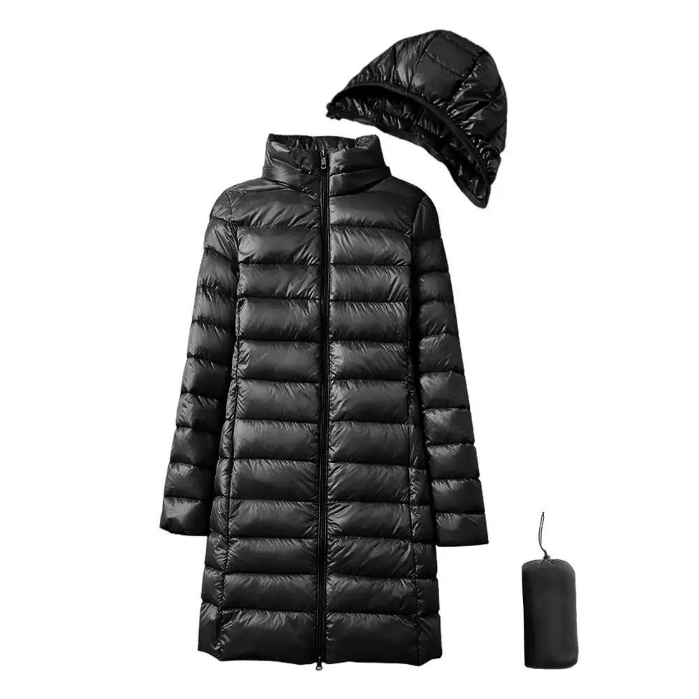 Women Winter Coat Thickened Padded Plush Hood Winter Down Coat with Storage Bag Windproof Mid Length Jacket for Outwear Warm
