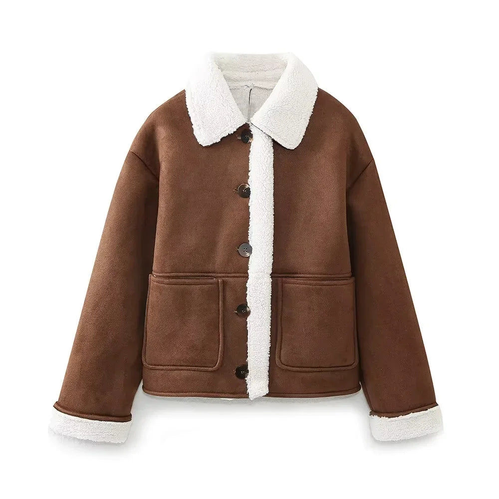 2024 autumn and winter new products casual versatile lapel suede patch bag decoration double-sided jacket jacket