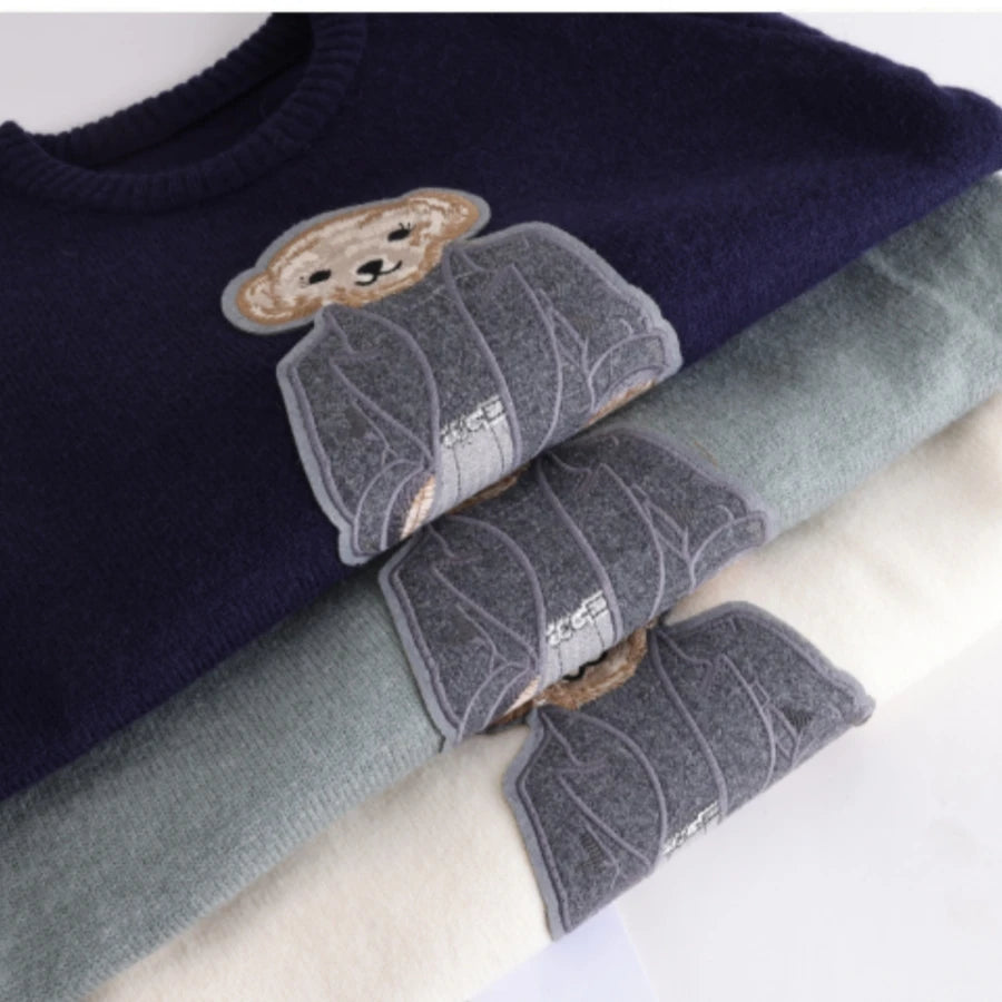 Enjoy Fashion Cartoon Bag Bear Solid Color Knitted Pullover Autumn and Winter Round Neck Long Sleeve Knit Sweater