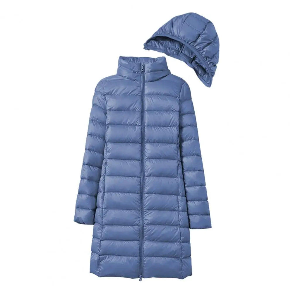 Hooded Cotton Jacket Mid Length Windproof Down Coat with Plush Hood Storage Bag Thickened Padded Winter Jacket for Outwear Warm