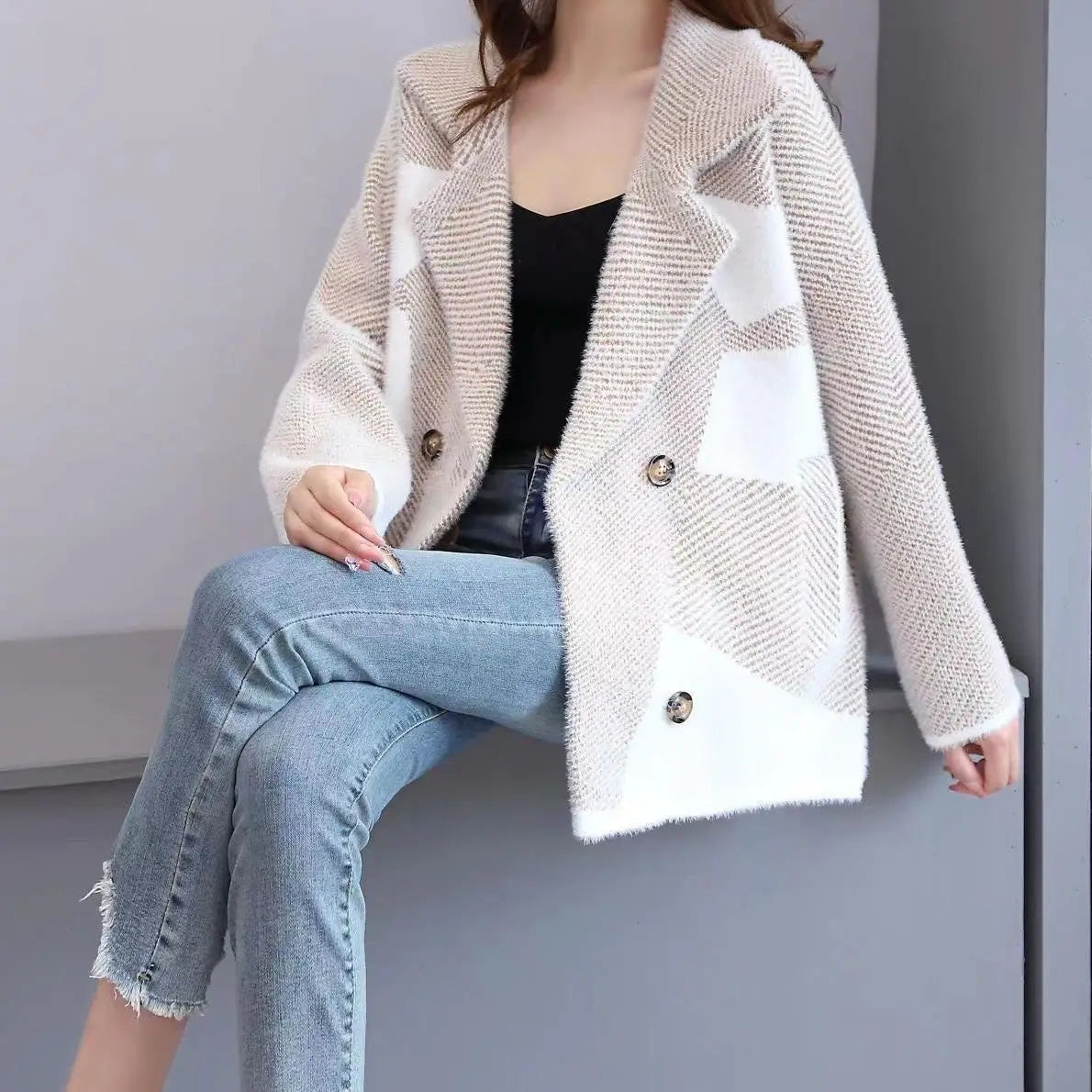 Women's Long Blazers Winter Warm Mink Velvet Outerwear Colorblock Female Coats and Jackets Modern Bags Deals 2025 New in Bring