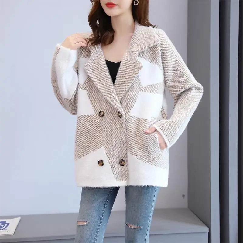 Women's Long Blazers Winter Warm Mink Velvet Outerwear Colorblock Female Coats and Jackets Modern Bags Deals 2025 New in Bring