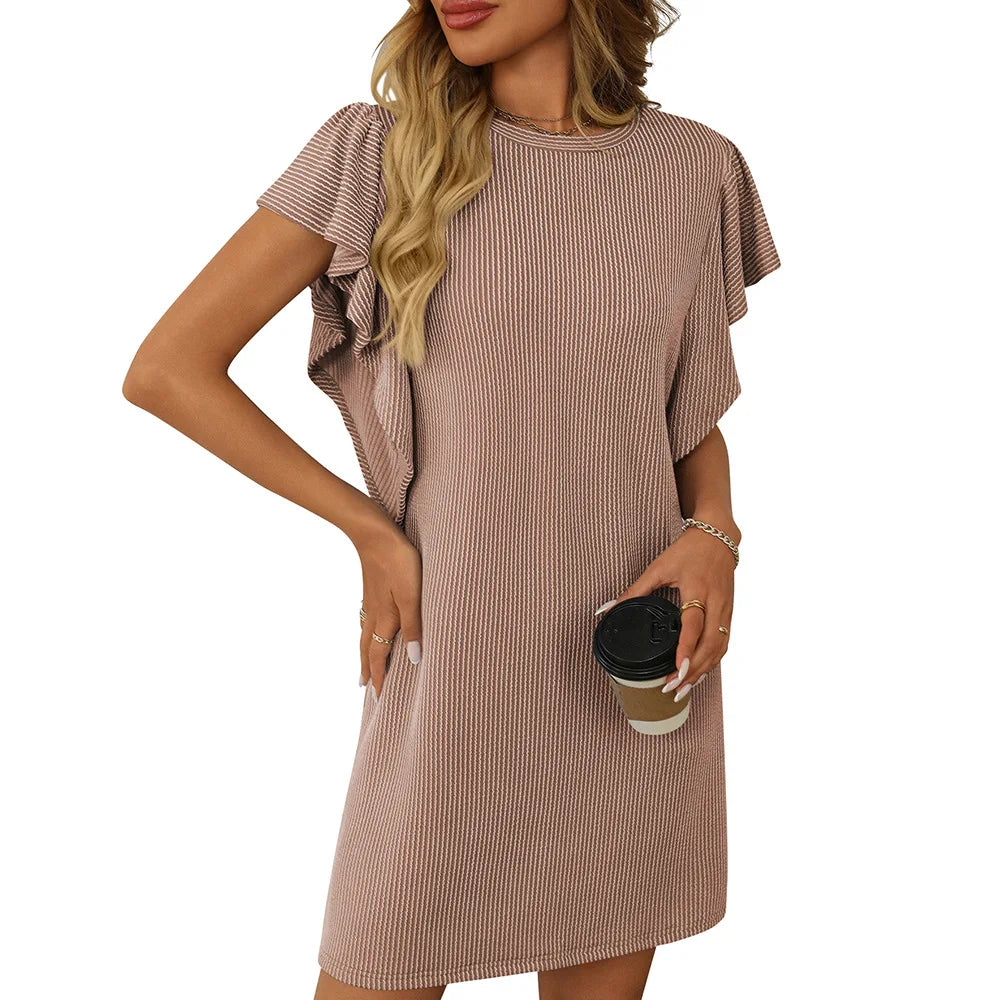2025 summer new women's color contrast twist strip lotus cuff bag dress