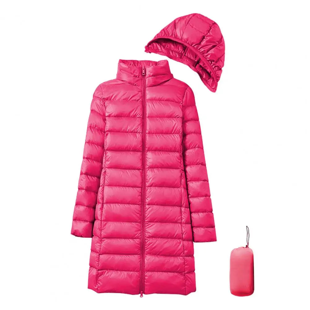 Women Winter Coat Thickened Padded Plush Hood Winter Down Coat with Storage Bag Windproof Mid Length Jacket for Outwear Warm