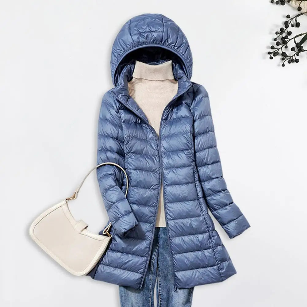 Hooded Cotton Jacket Mid Length Windproof Down Coat with Plush Hood Storage Bag Thickened Padded Winter Jacket for Outwear Warm