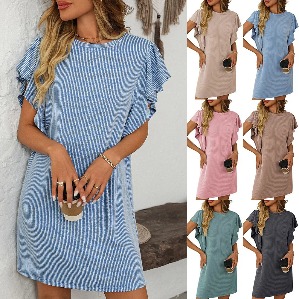 2025 summer new women's color contrast twist strip lotus cuff bag dress