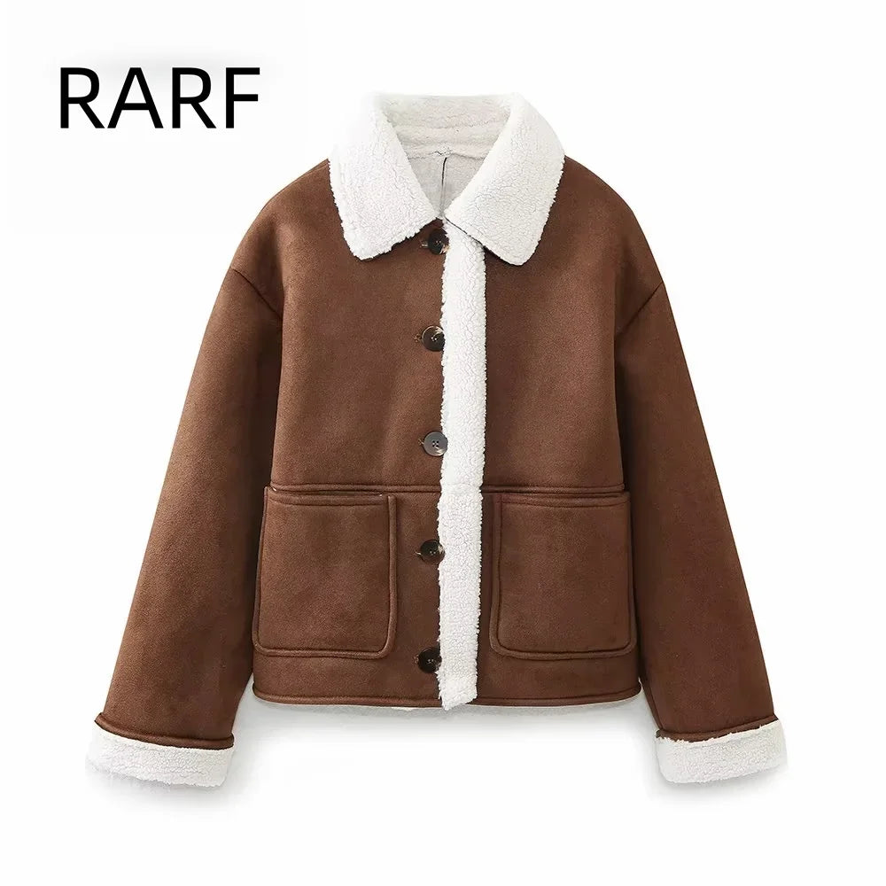 2024 autumn and winter new products casual versatile lapel suede patch bag decoration double-sided jacket jacket