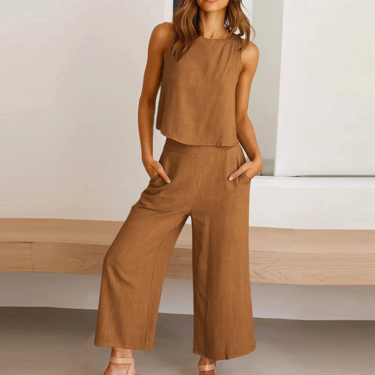 Women's Solid Color Cotton And Linen Suit Casual Sleeved Vest 9 Minutes Double Bag Wide Leg Pants Formal Rompers for Women
