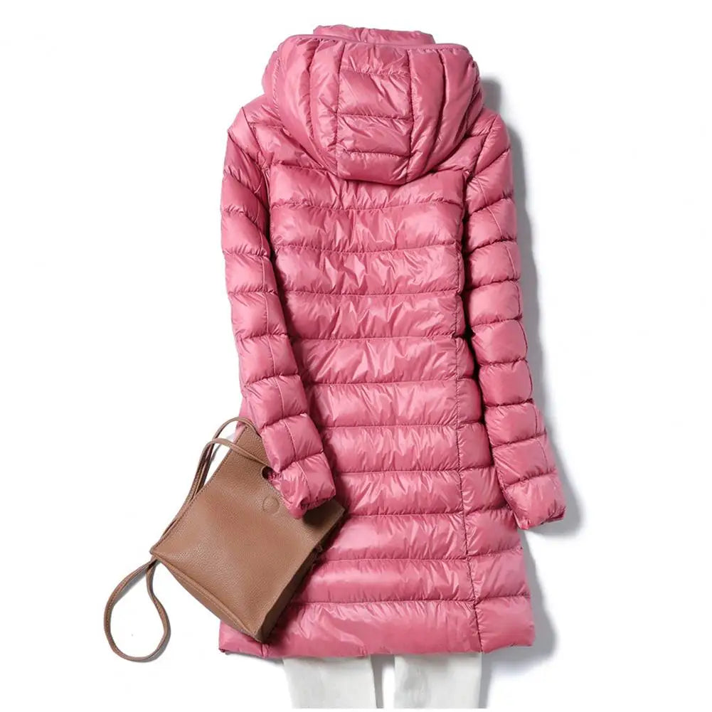 Hooded Cotton Jacket Mid Length Windproof Down Coat with Plush Hood Storage Bag Thickened Padded Winter Jacket for Outwear Warm