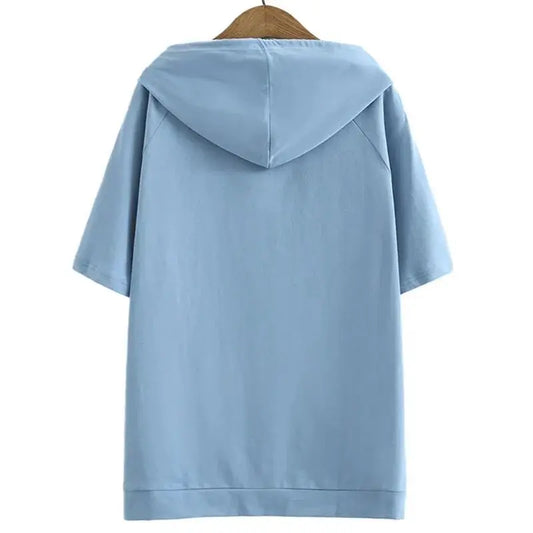 2024 New Summer Age Reducing Vitality Sports Leisure Loose Oversized Short Sleeved Solid Color Kangaroo Bag Drawstring Hoodie