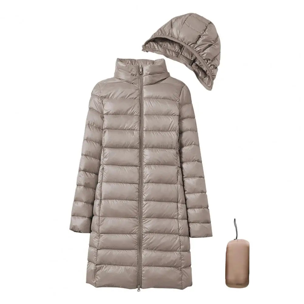 Women Winter Coat Thickened Padded Plush Hood Winter Down Coat with Storage Bag Windproof Mid Length Jacket for Outwear Warm