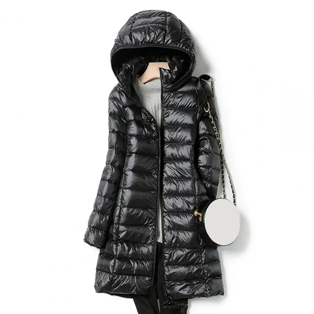 Hooded Cotton Jacket Mid Length Windproof Down Coat with Plush Hood Storage Bag Thickened Padded Winter Jacket for Outwear Warm