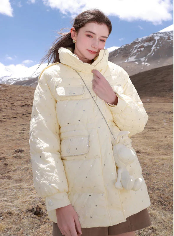 TXii Rabbit Bag for Winter New Style Vertical Collar Down Jacket Bright Face White Duck Down Medium Long Coat Bread Clothing