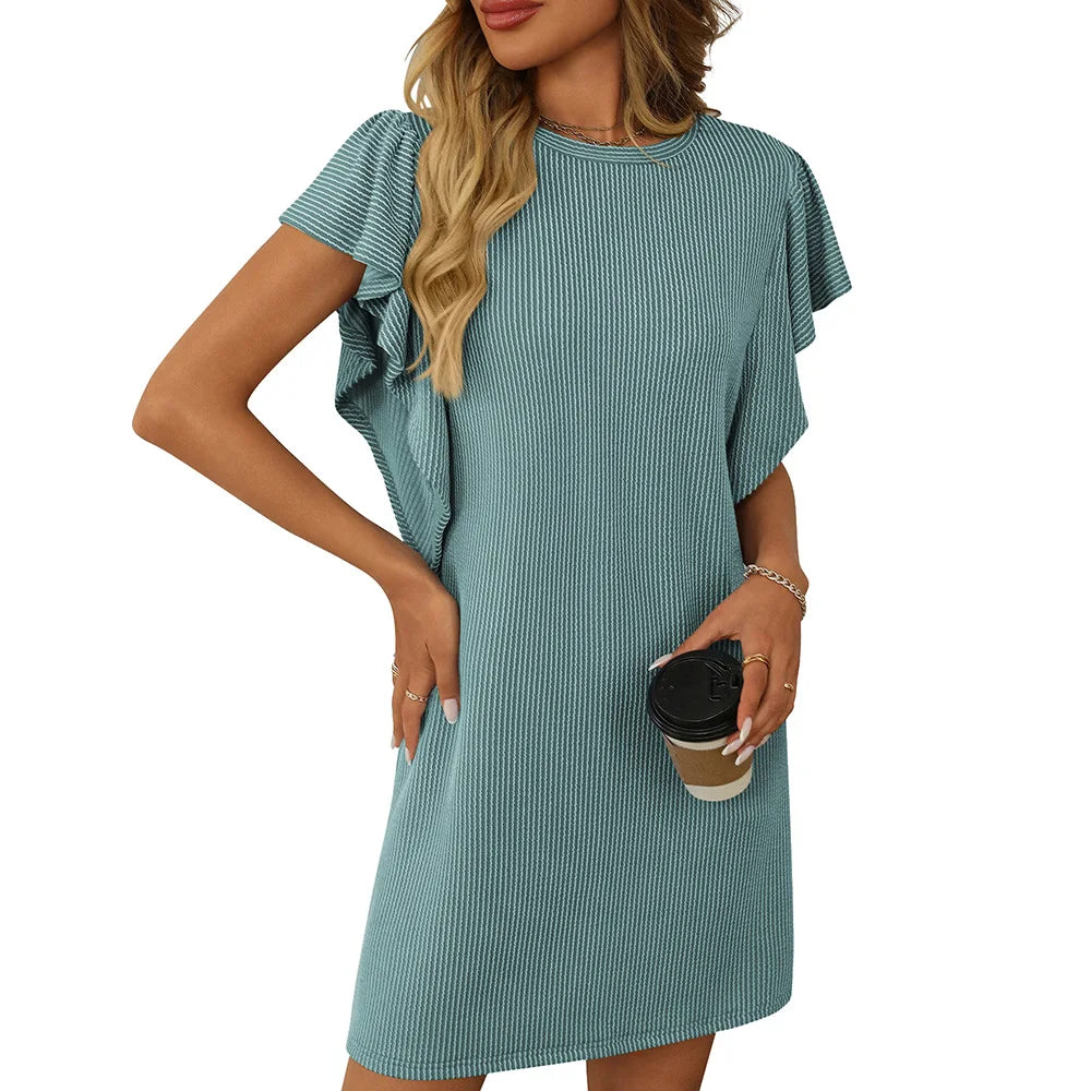 2025 summer new women's color contrast twist strip lotus cuff bag dress