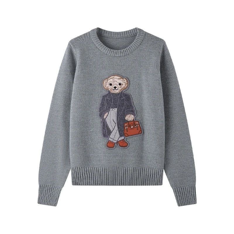 Enjoy Fashion Cartoon Bag Bear Solid Color Knitted Pullover Autumn and Winter Round Neck Long Sleeve Knit Sweater