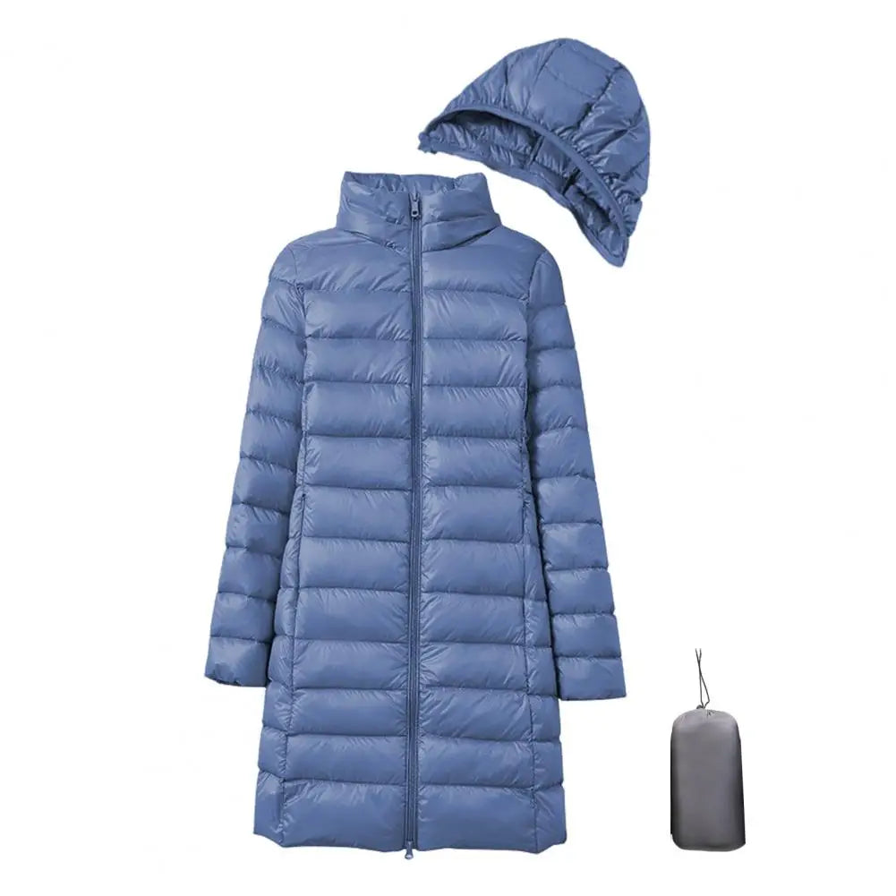 Women Winter Coat Thickened Padded Plush Hood Winter Down Coat with Storage Bag Windproof Mid Length Jacket for Outwear Warm