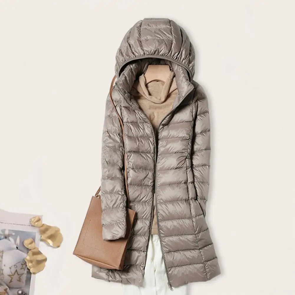 Hooded Cotton Jacket Mid Length Windproof Down Coat with Plush Hood Storage Bag Thickened Padded Winter Jacket for Outwear Warm