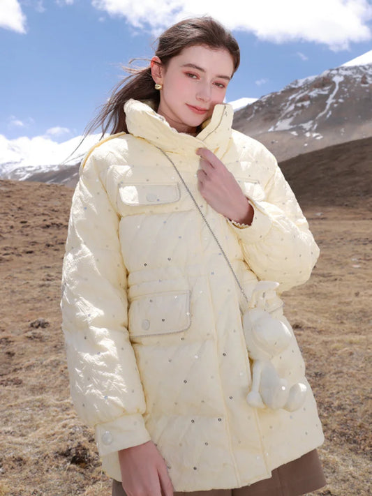 TXii Rabbit Bag for Winter New Style Vertical Collar Down Jacket Bright Face White Duck Down Medium Long Coat Bread Clothing
