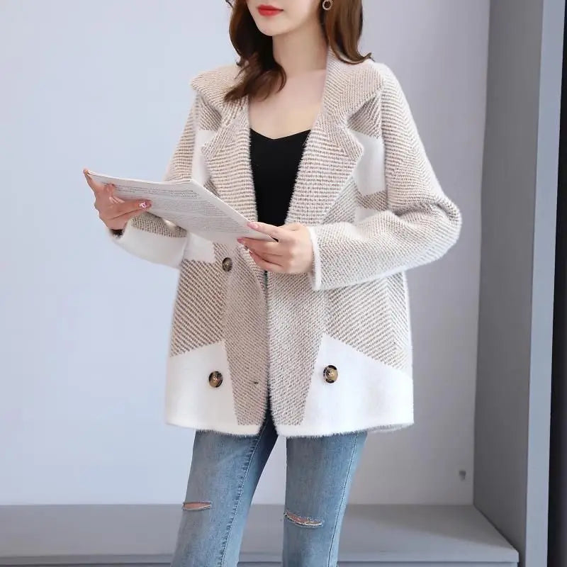Women's Long Blazers Winter Warm Mink Velvet Outerwear Colorblock Female Coats and Jackets Modern Bags Deals 2025 New in Bring