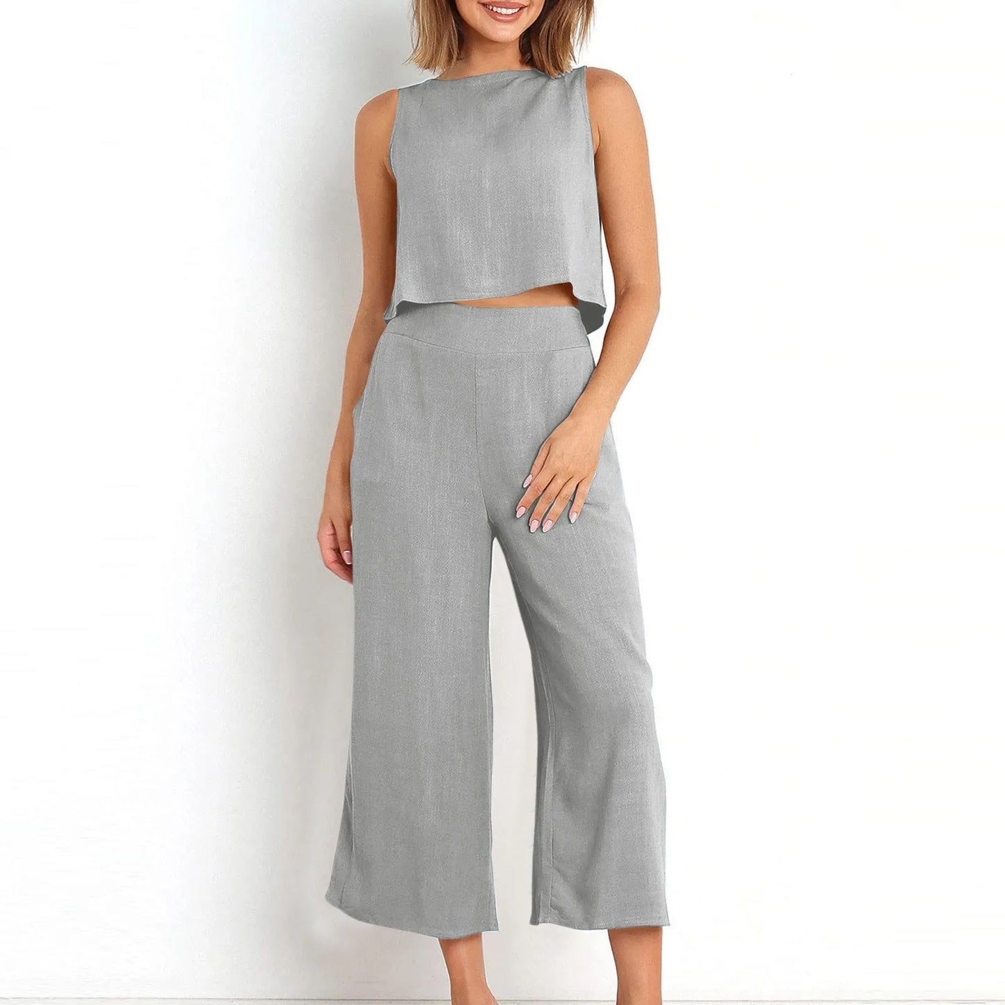 Women's Solid Color Cotton And Linen Suit Casual Sleeved Vest 9 Minutes Double Bag Wide Leg Pants Formal Rompers for Women