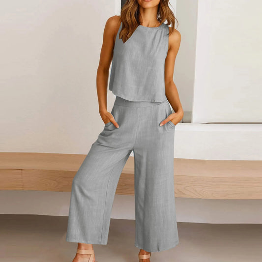 Women's Solid Color Cotton And Linen Suit Casual Sleeved Vest 9 Minutes Double Bag Wide Leg Pants Formal Rompers for Women