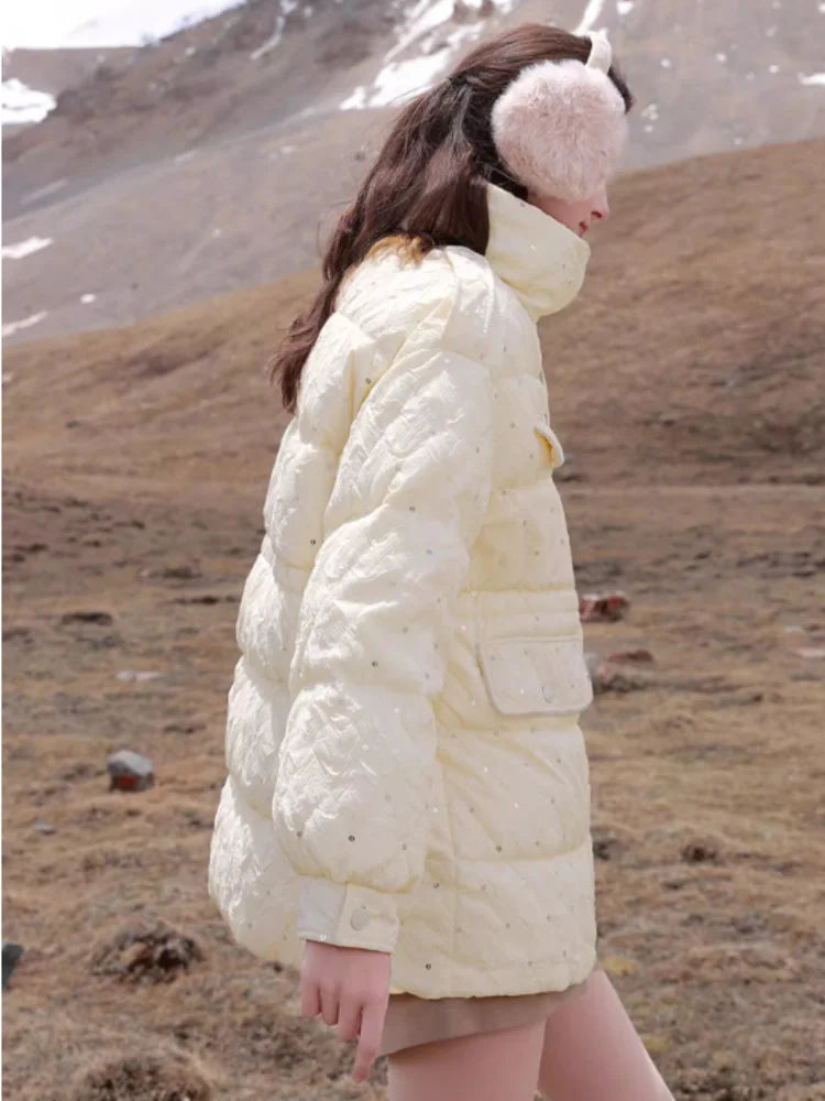 TXii Rabbit Bag for Winter New Style Vertical Collar Down Jacket Bright Face White Duck Down Medium Long Coat Bread Clothing