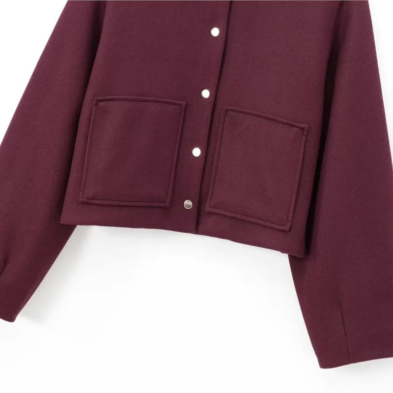 TRAF Patch Bag Bomber Jacket Women Autumn Fashion Two Options Pocket Button Decoration Outdoors Short Coat Casual Female Jackets