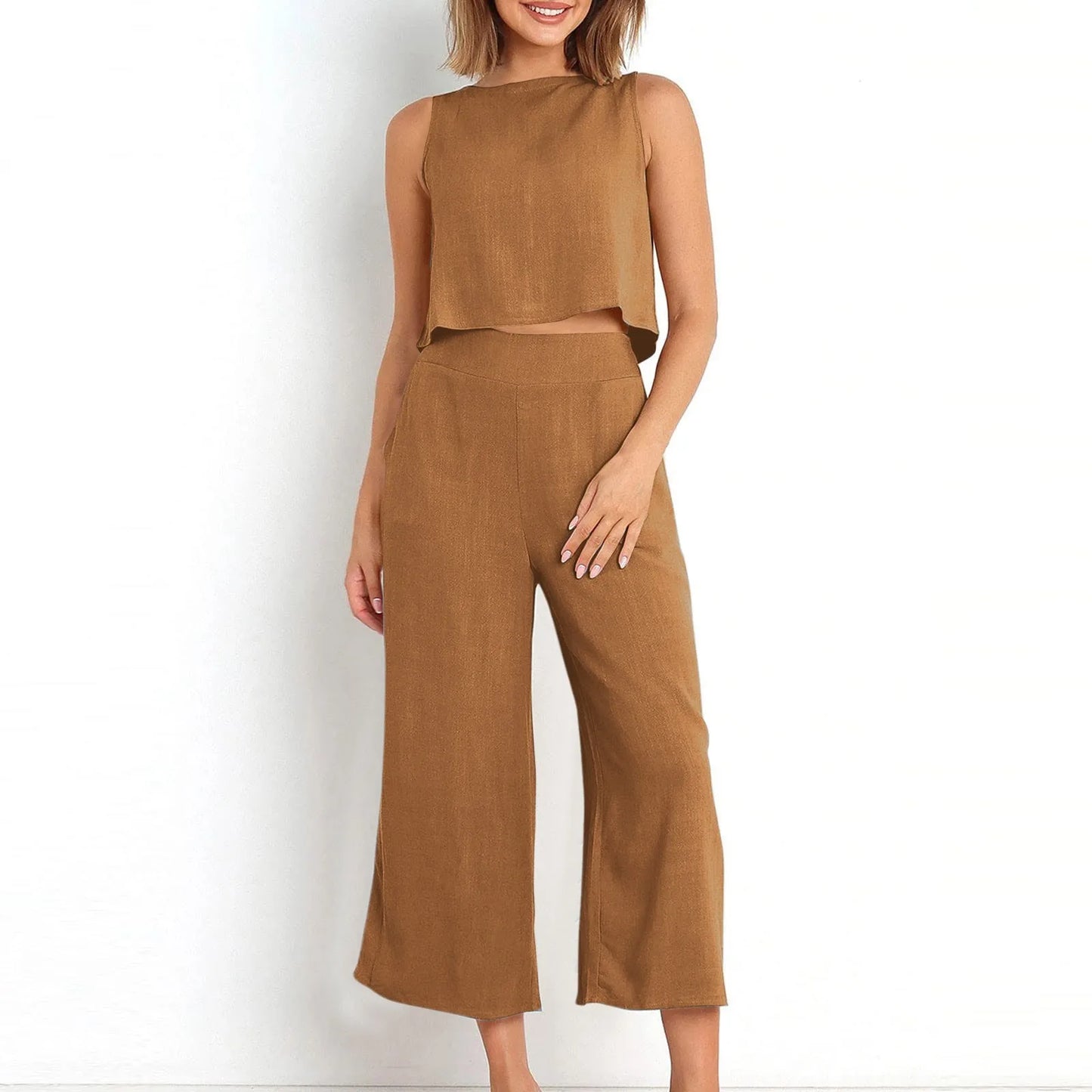 Women's Solid Color Cotton And Linen Suit Casual Sleeved Vest 9 Minutes Double Bag Wide Leg Pants Formal Rompers for Women