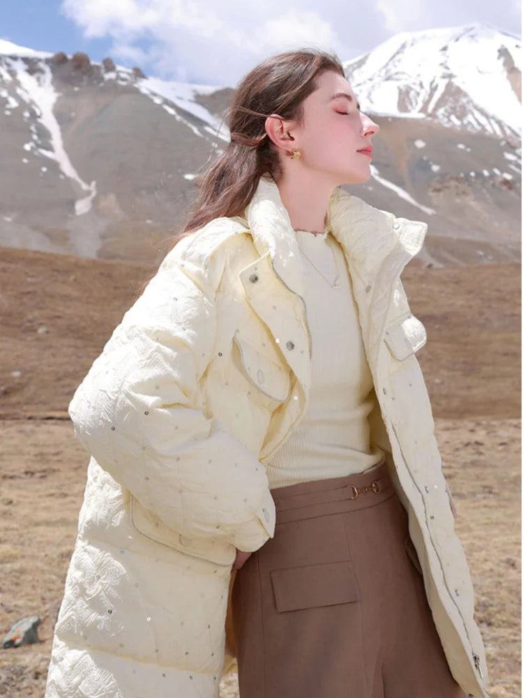 TXii Rabbit Bag for Winter New Style Vertical Collar Down Jacket Bright Face White Duck Down Medium Long Coat Bread Clothing