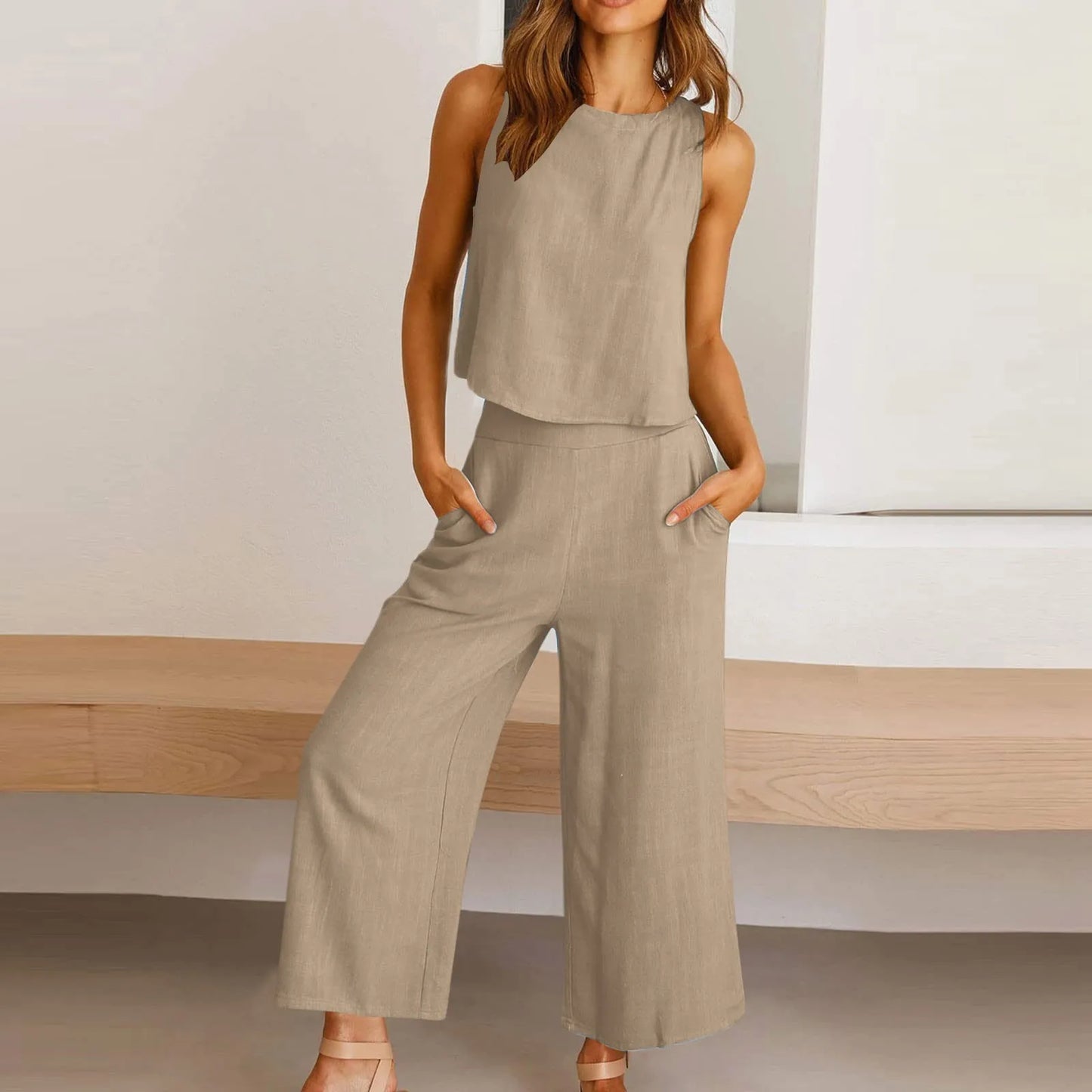 Women's Solid Color Cotton And Linen Suit Casual Sleeved Vest 9 Minutes Double Bag Wide Leg Pants Formal Rompers for Women