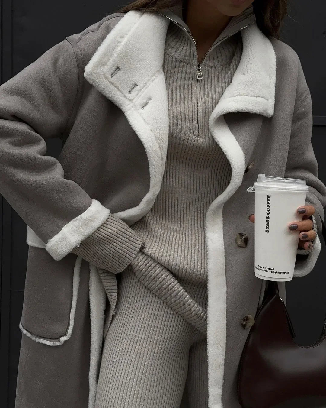 Europe and the United States new autumn and winter sticker bag gray patched-color coat lapel a body hair coat woman