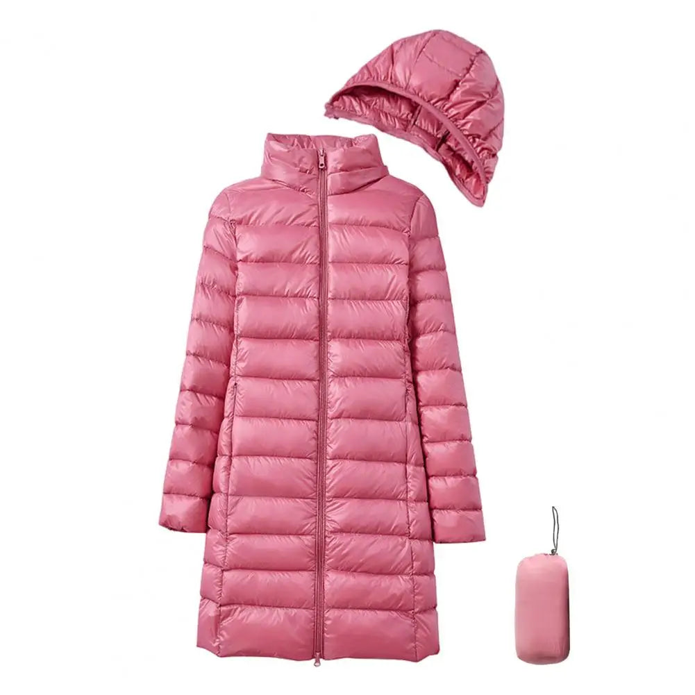 Women Winter Coat Thickened Padded Plush Hood Winter Down Coat with Storage Bag Windproof Mid Length Jacket for Outwear Warm