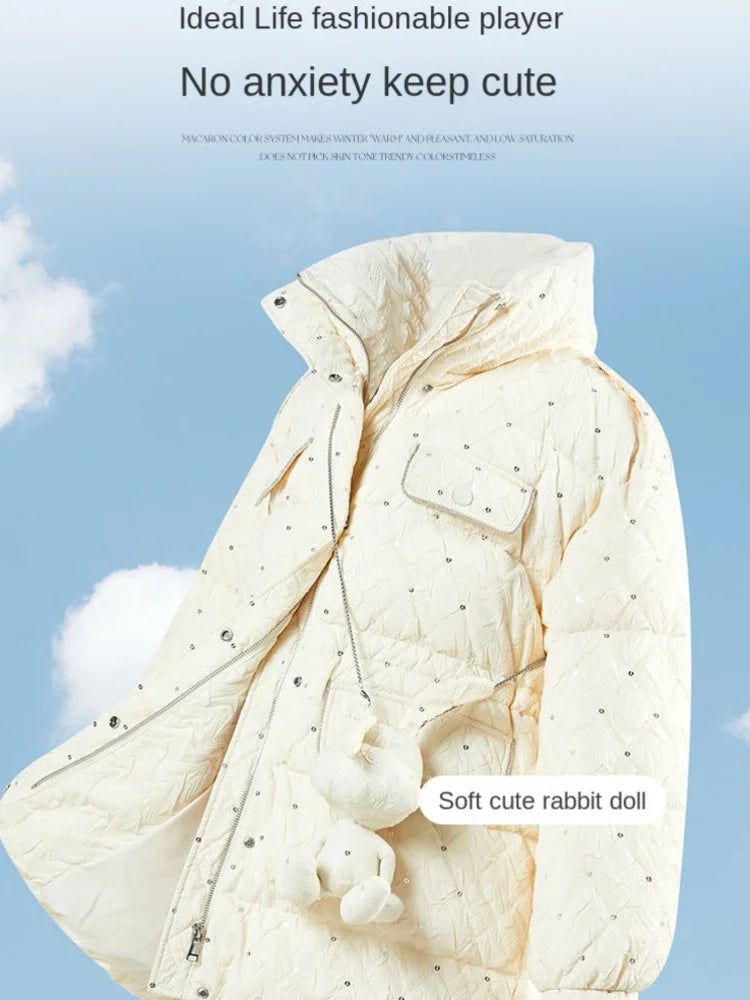 TXii Rabbit Bag for Winter New Style Vertical Collar Down Jacket Bright Face White Duck Down Medium Long Coat Bread Clothing